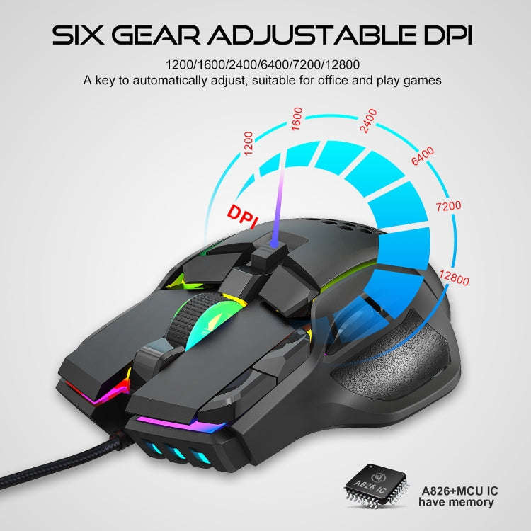 HXSJ S700 USB 12800dpi Adjustable 10-Keys Mechanical Wired Gaming Mouse(Black)