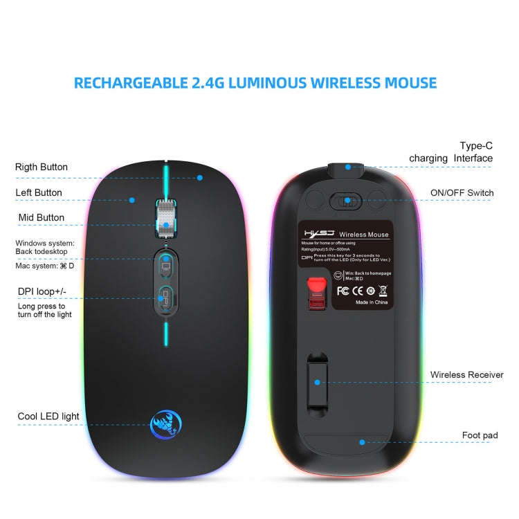 HXSJ M103FG 1600dpi Adjustable 2.4G RGB Light Wireless Mouse(Black)