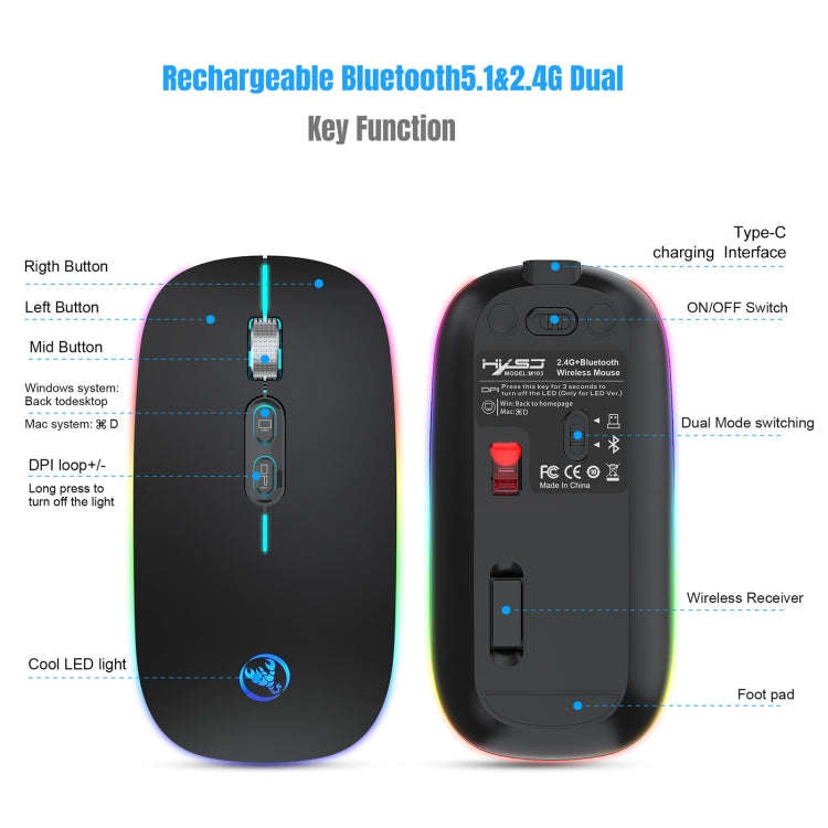 HXSJ M103FG 1600dpi Adjustable 2.4G + Bluetooth RGB Light Wireless Mouse(Black)
