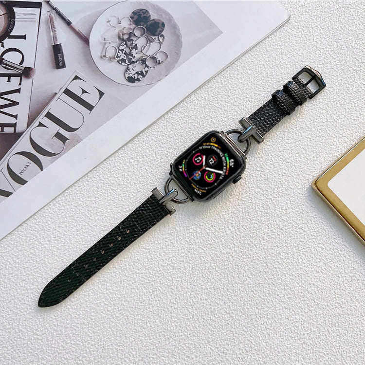 D-shaped Steel + Genuine Leather Watch Band For Apple Watch Series 9&8&7 41mm / SE 3&SE 2&6&SE&5&...