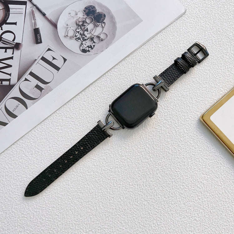 D-shaped Steel + Genuine Leather Watch Band For Apple Watch Series 9&8&7 41mm / SE 3&SE 2&6&SE&5&...