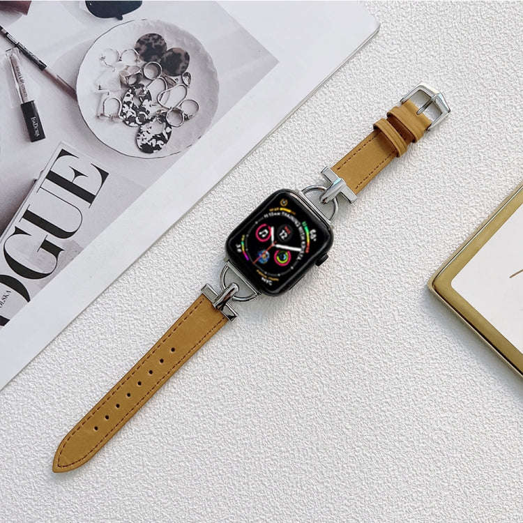 D-shaped Steel + Genuine Leather Watch Band For Apple Watch Series 9&8&7 41mm / SE 3&SE 2&6&SE&5&...