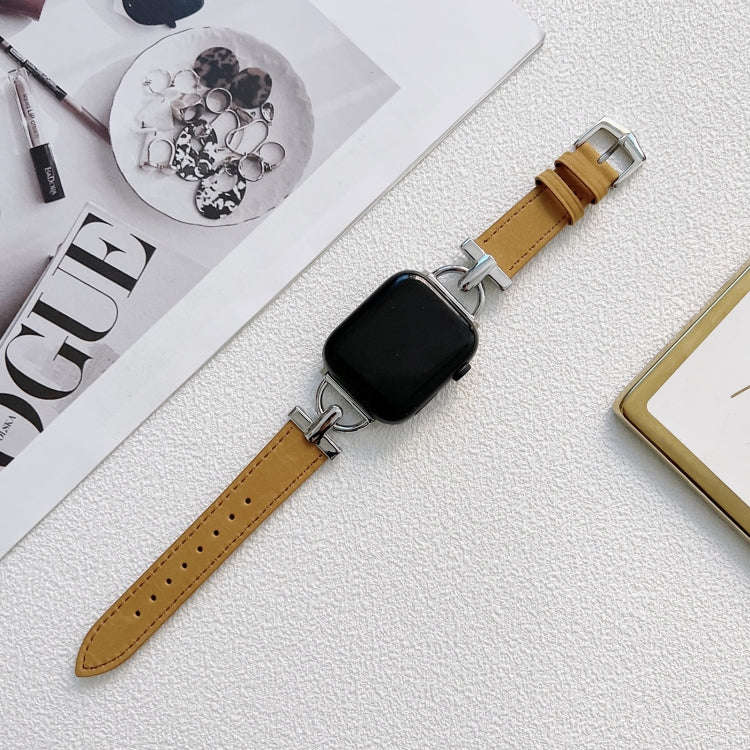 D-shaped Steel + Genuine Leather Watch Band For Apple Watch Series 9&8&7 41mm / SE 3&SE 2&6&SE&5&...