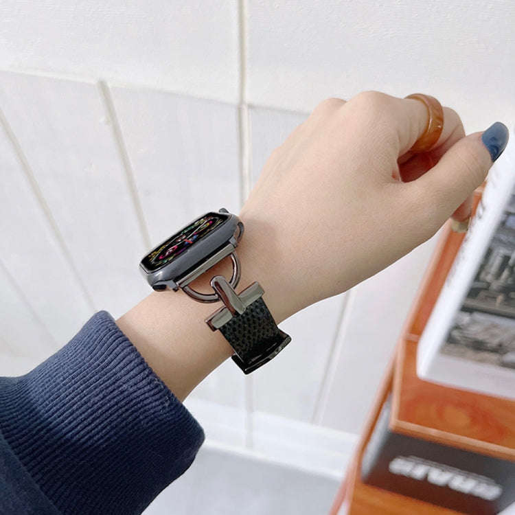 D-shaped Steel + Genuine Leather Watch Band For Apple Watch Series 9&8&7 41mm / SE 3&SE 2&6&SE&5&...
