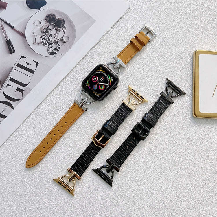 D-shaped Steel + Genuine Leather Watch Band For Apple Watch Series 9&8&7 41mm / SE 3&SE 2&6&SE&5&...