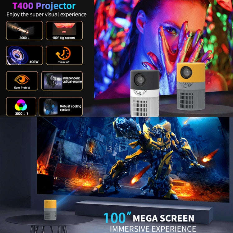 T400 100 inch Screen 3000 Lumens LED Mini Projector, Plug Type:US Plug(Black White)