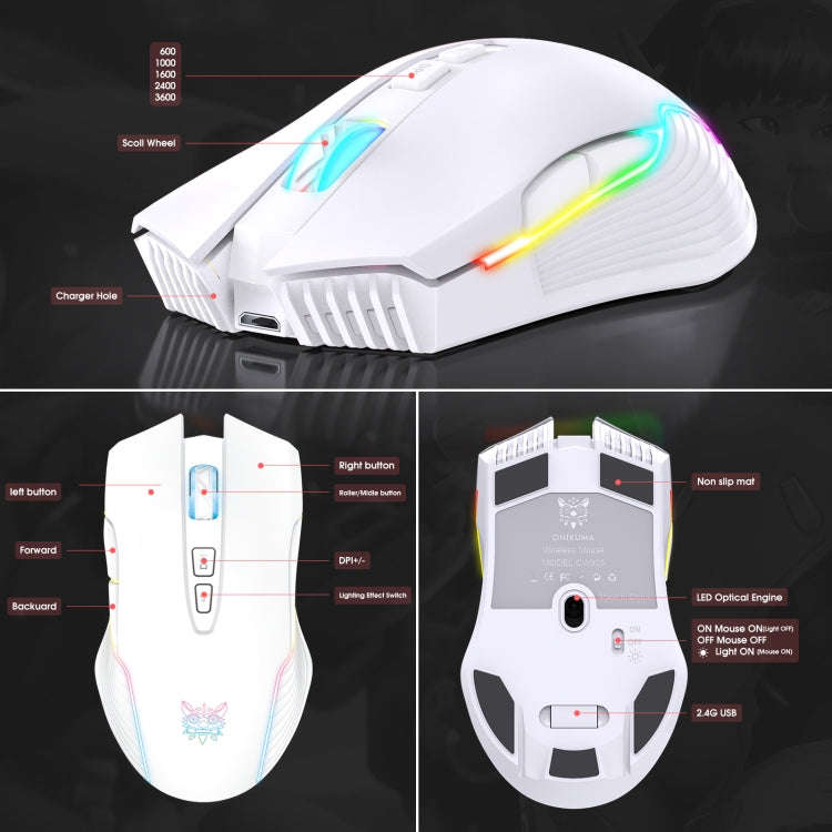 ONIKUMA CW905 2.4G RGB Lighting Wireless Mouse (Grey White)