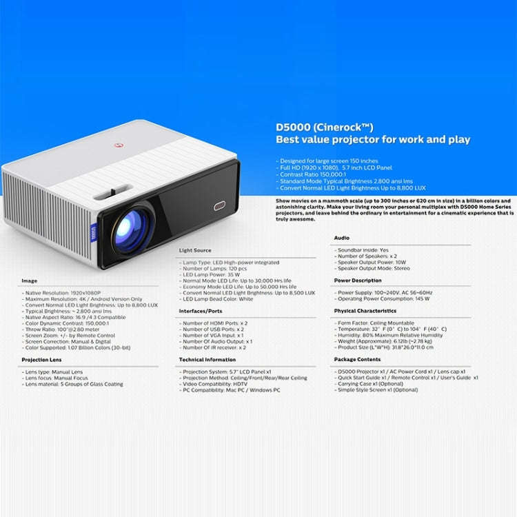 VIVIBRIGHT D5000 1920x1080P 420ANSI 6000Lumens LCD + LED HD Digital Projector, Basic Version US Plug