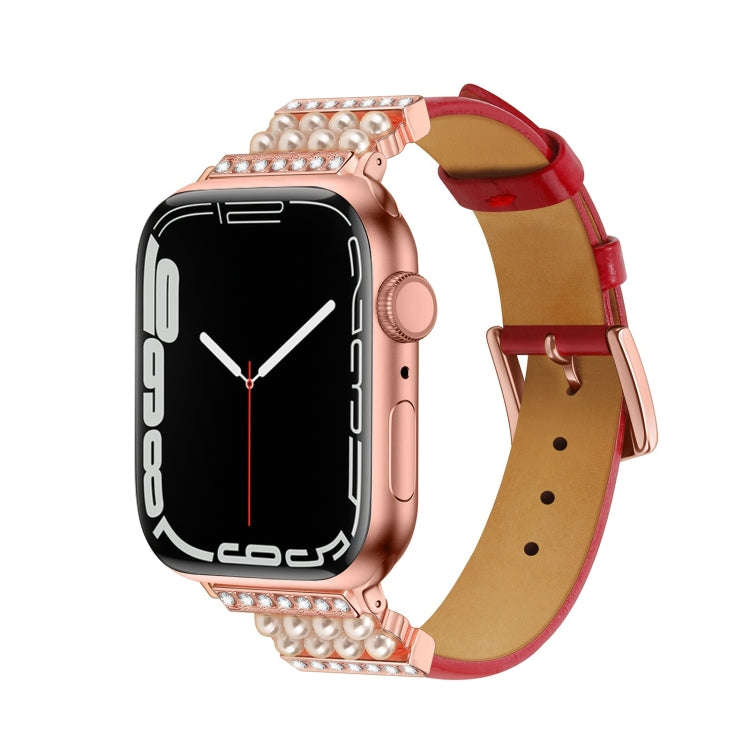 Pearl Diamond Leather Watch Band For Apple Watch Series 9&8&7 41mm / SE 3&SE 2&6&SE&5&4 40mm / 3&...