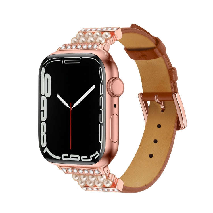Pearl Diamond Leather Watch Band For Apple Watch Series 9&8&7 41mm / SE 3&SE 2&6&SE&5&4 40mm / 3&...