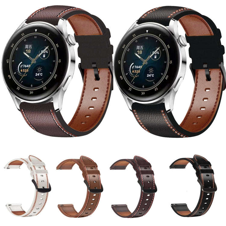 For Huawei Watch GT 3 46mm / GT Runner 22mm Tricolor Stitching Genuine Leather Watch Band(Black)