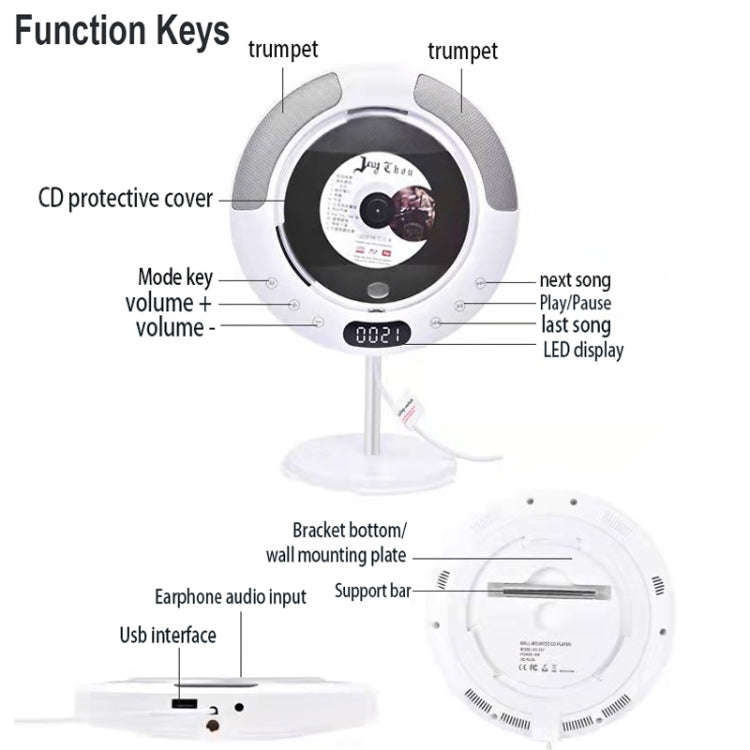 Kecag KC-607 Wall Mounted Bluetooth Compact Disc Album CD Player(White)
