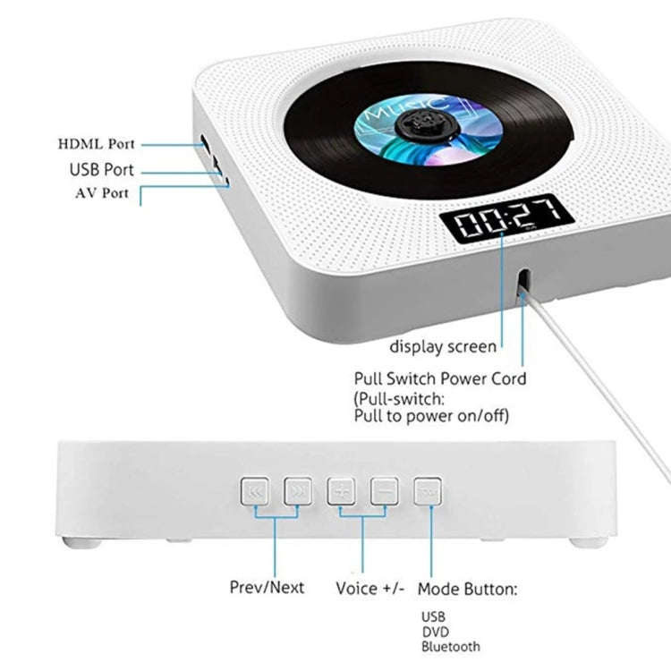 Kecag KC-608 Wall Mounted HD DVD Player Bluetooth CD Player(White)