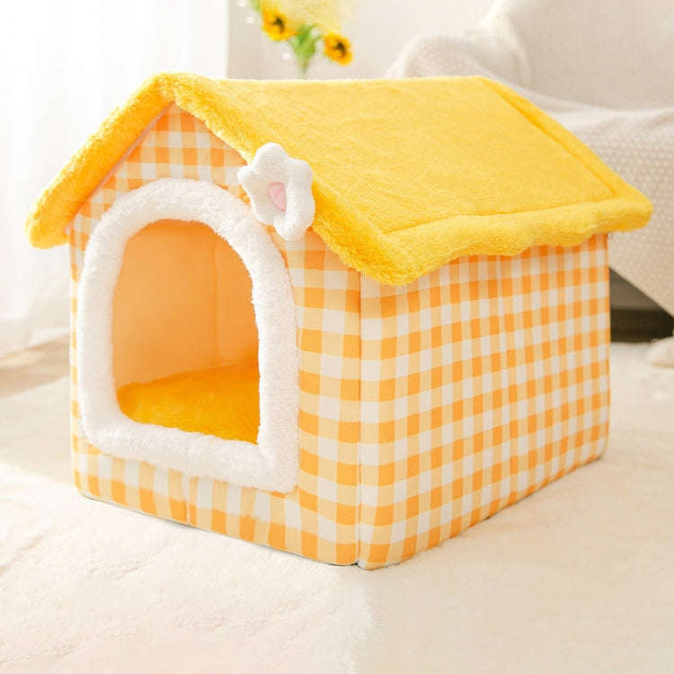House Type Universal Removable and Washable Pet Dog Cat Bed Pet Supplies, Size:S(Yellow Flower)