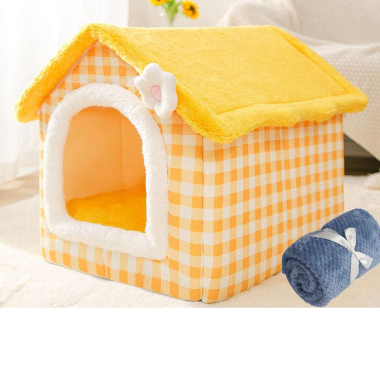 House Type Universal Removable and Washable Pet Dog Cat Bed Pet Supplies, Size:L(Yellow Flower + ...