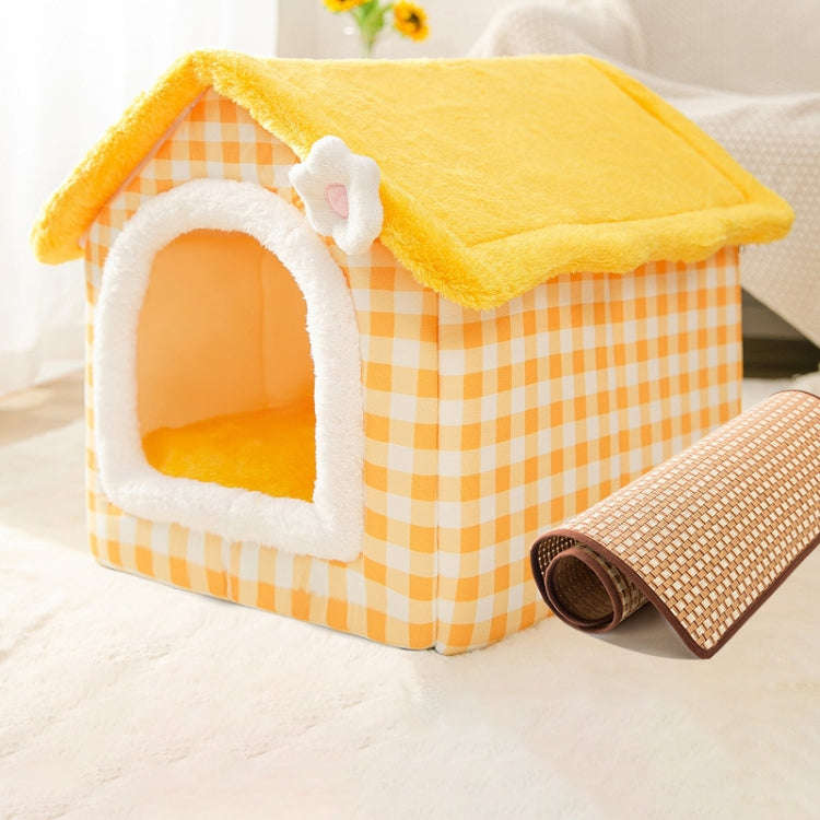 House Type Universal Removable and Washable Pet Dog Cat Bed Pet Supplies, Size:L(Yellow Flower + ...