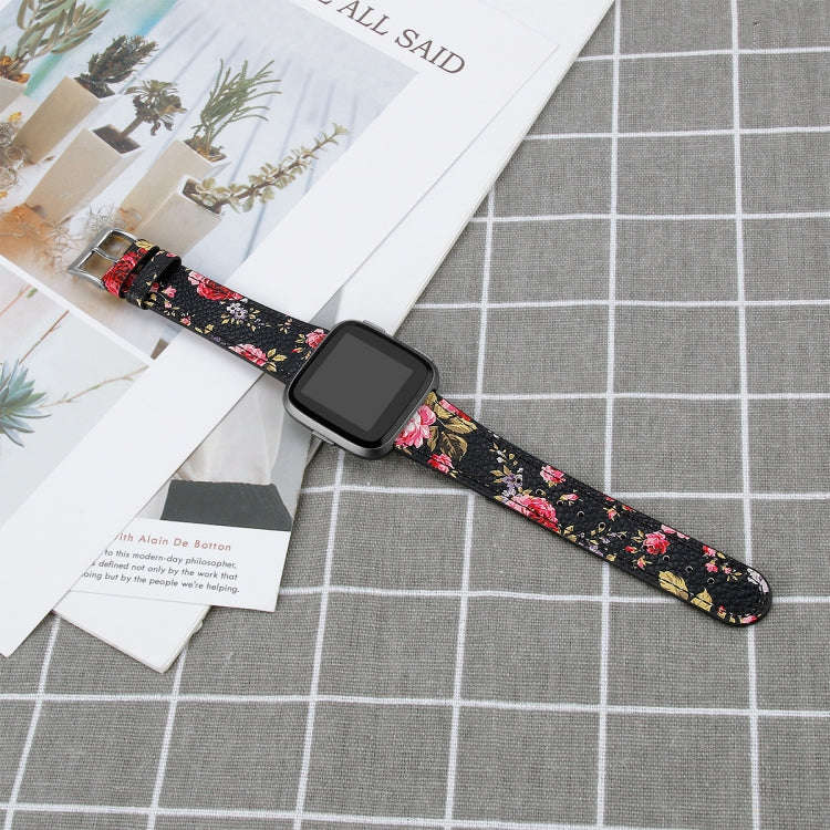 For Fitbit Versa 4 / Sense 2 Round Tail Genuine Leather Watch Band(Black Pink Flower)