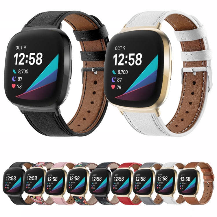 For Fitbit Versa 4 / Sense 2 Round Tail Genuine Leather Watch Band(Black Pink Flower)