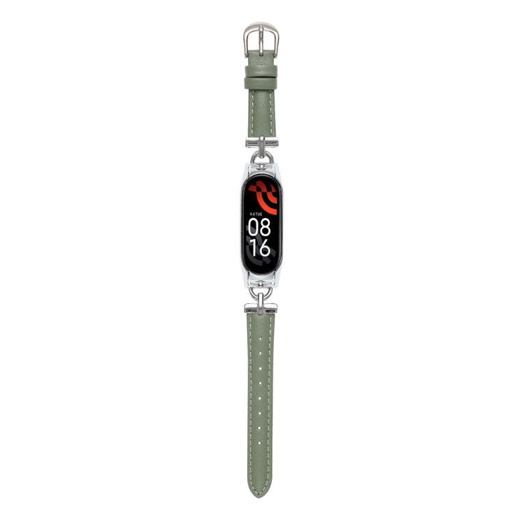 For Xiaomi Mi Band 3 / 4 D-shaped Steel + Genuine Leather Watch Band(Silver Green)