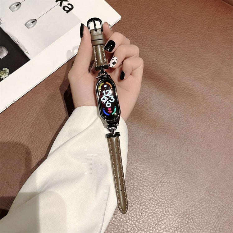 For Xiaomi Mi Band 3 / 4 D-shaped Steel + Genuine Leather Watch Band(Silver Green)