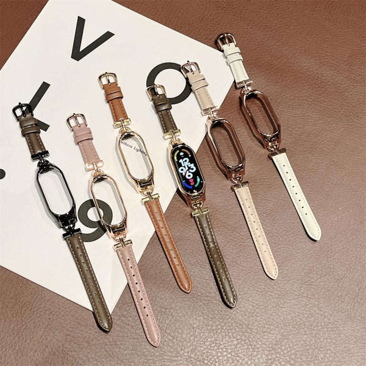 For Xiaomi Mi Band 3 / 4 D-shaped Steel + Genuine Leather Watch Band(Gold Brown)