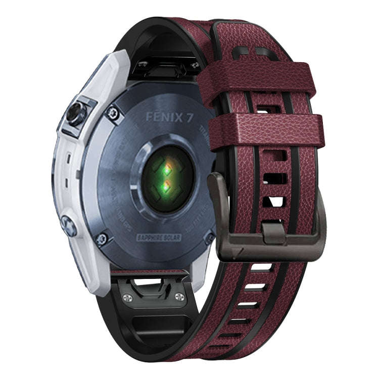 For Garmin Fenix 7 Quick Release Silicone Leather Watch Band(Wine Red)
