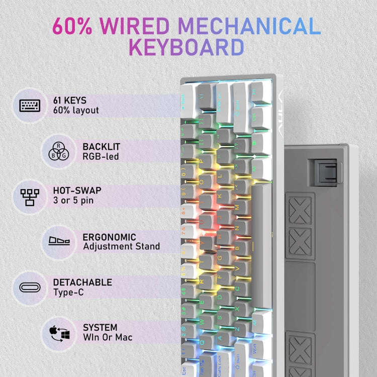 AULA F3261 Type-C Wired Hot Swappable 61 Keys RGB Mechanical Keyboard(White Grey Green Shaft)