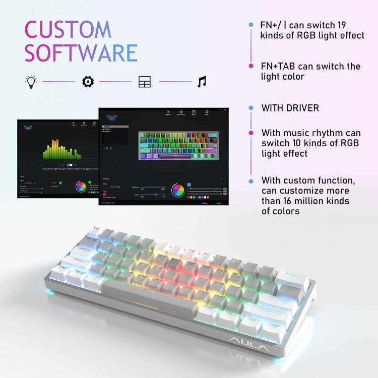 AULA F3261 Type-C Wired Hot Swappable 61 Keys RGB Mechanical Keyboard(White Grey Green Shaft)