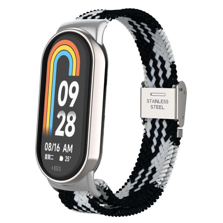 For Xiaomi Mi Band 8 Metal Head + Adjustable Nylon Braided Steel Buckle Watch Band(Black White)
