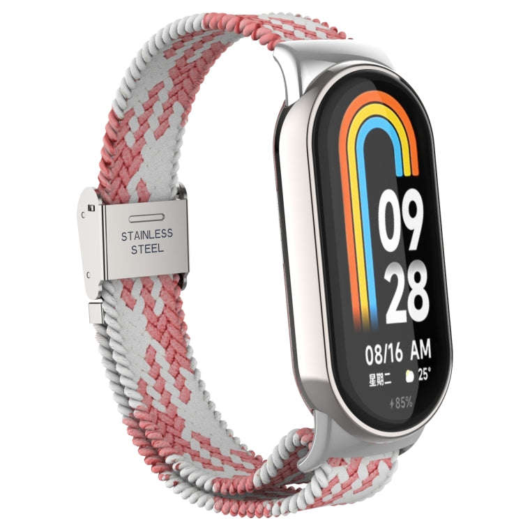 For Xiaomi Mi Band 8 Metal Head + Adjustable Nylon Braided Steel Buckle Watch Band(Pink White)