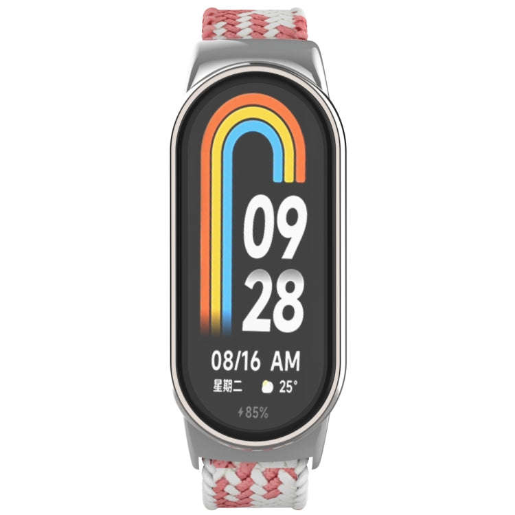 For Xiaomi Mi Band 8 Metal Head + Adjustable Nylon Braided Steel Buckle Watch Band(Pink White)