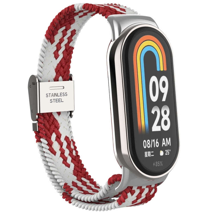 For Xiaomi Mi Band 8 Metal Head + Adjustable Nylon Braided Steel Buckle Watch Band(Red White)