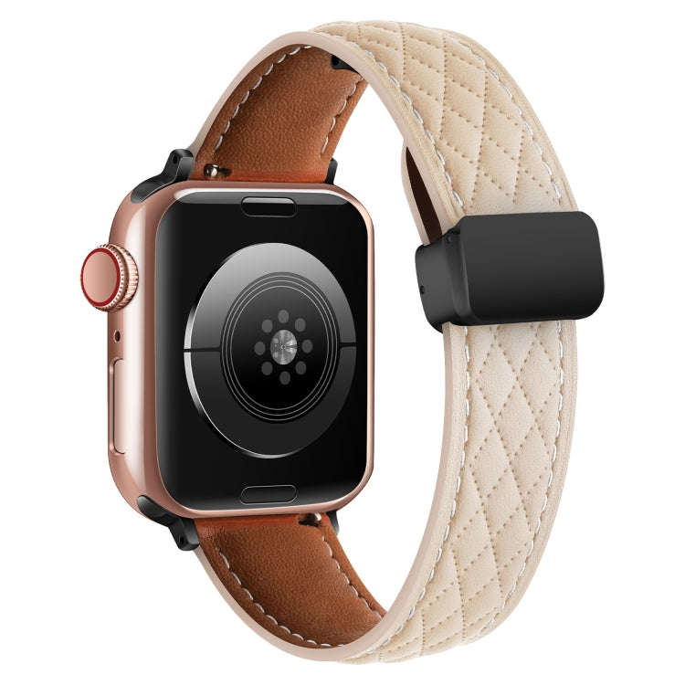For Apple Watch 38mm Folding Buckle Rhombus Leather Watch Band(Apricot)