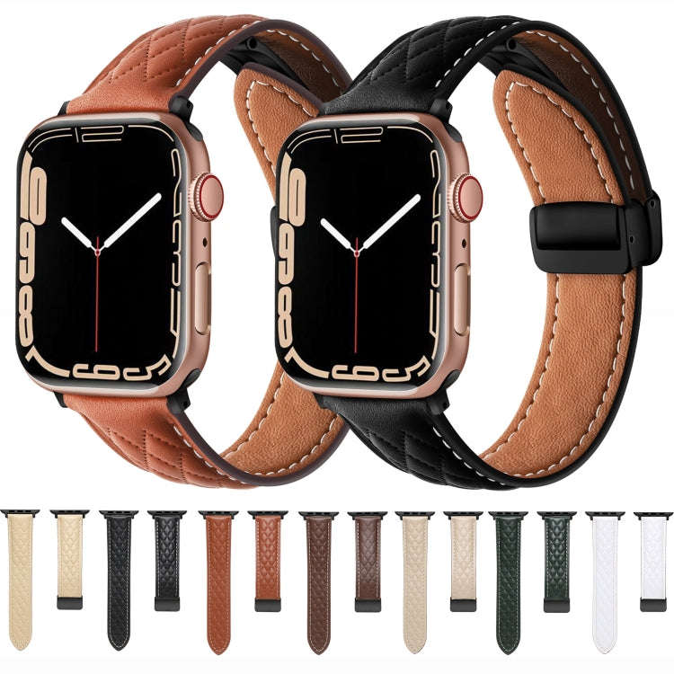 For Apple Watch 3 38mm Folding Buckle Rhombus Leather Watch Band(Brown)