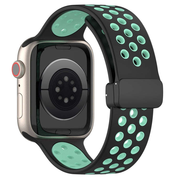 For Apple Watch 4 44mm Magnetic Buckle Silicone Watch Band(Black Cyan)