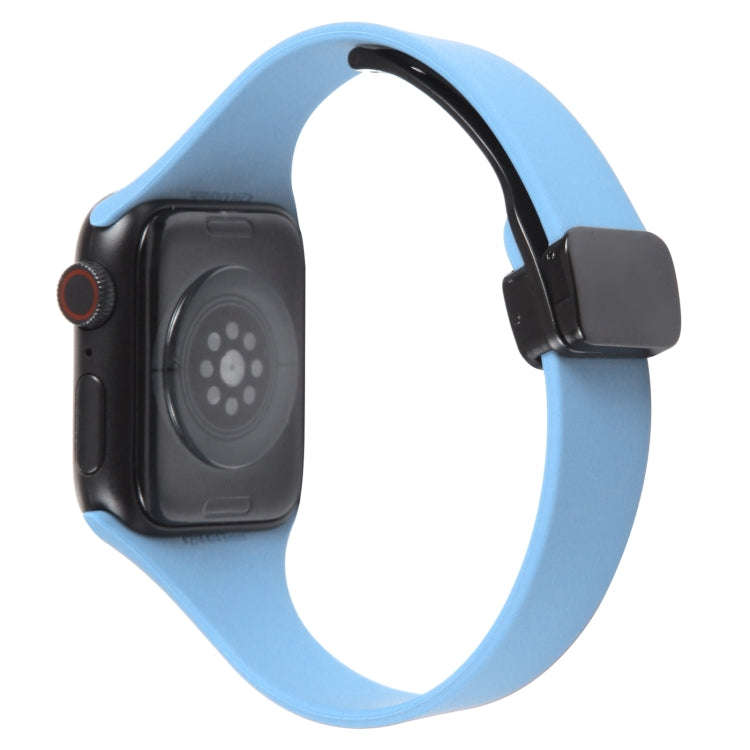 For Apple Watch SE 2022 44mm Magnetic Buckle Slim Silicone Watch Band(Light Blue)