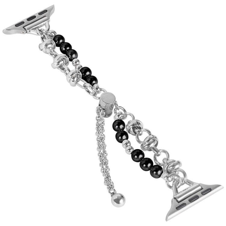 For Apple Watch Ultra 49mm Pearl Bracelet Metal Watch Band(Silver Black)