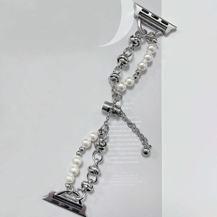 For Apple Watch Ultra 49mm Pearl Bracelet Metal Watch Band(Silver)