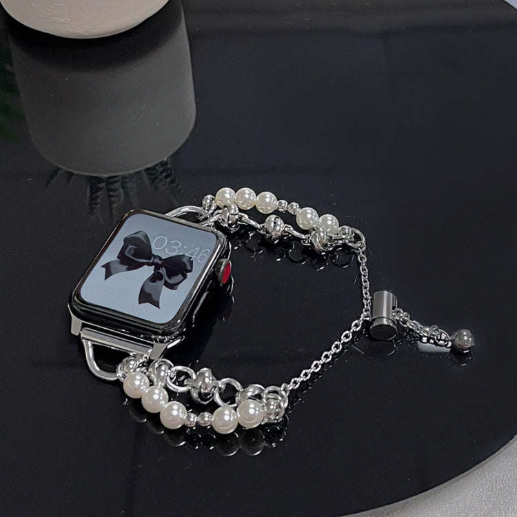For Apple Watch 38mm Pearl Bracelet Metal Watch Band(Silver Black)