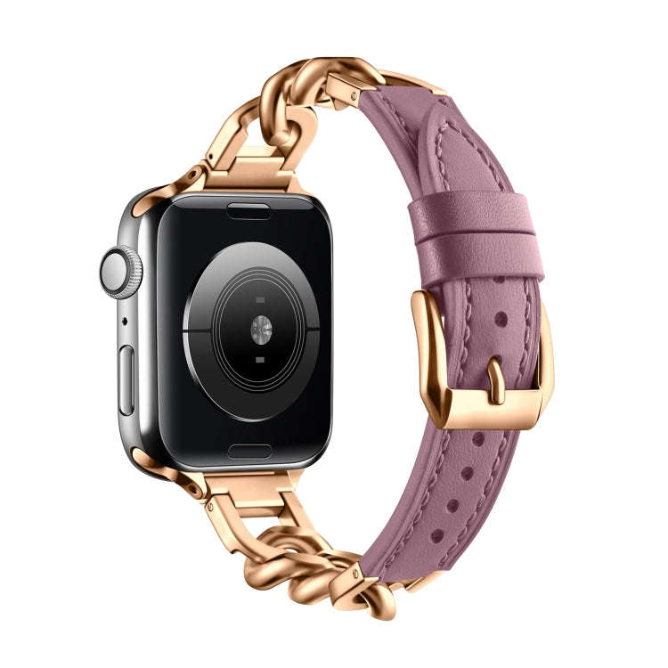 For Apple Watch Series 8 41mm Chain Genuine Leather Watch Band, Size: S(Rose Gold Pale Mauve)