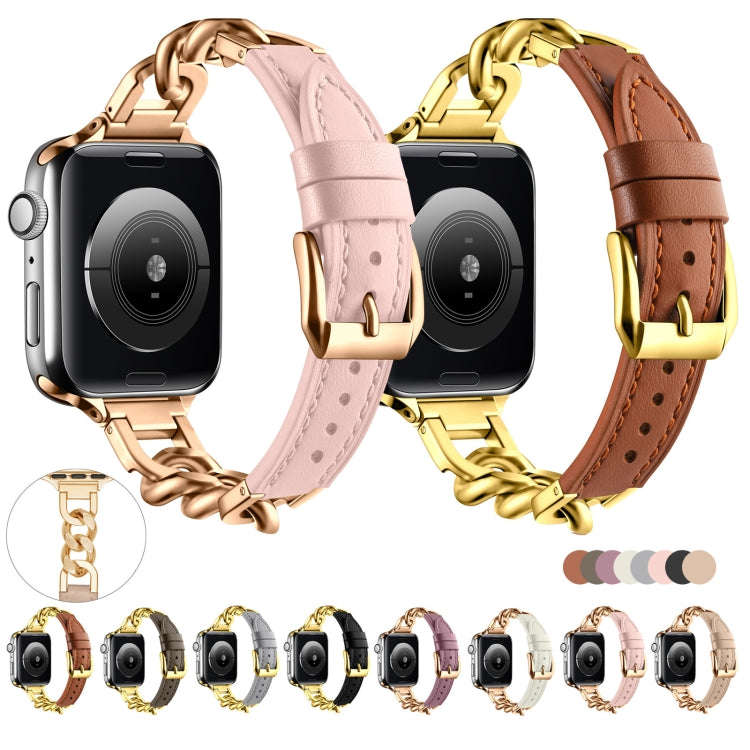 For Apple Watch Series 8 41mm Chain Genuine Leather Watch Band, Size: S(Rose Gold Apricot)