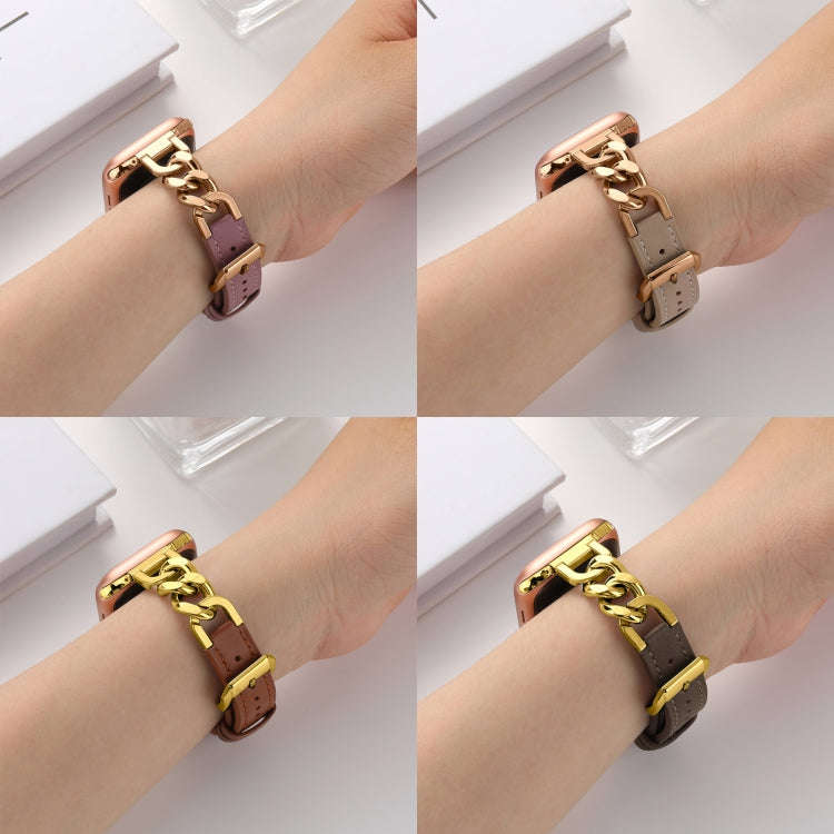 For Apple Watch Series 8 45mm Chain Genuine Leather Watch Band, Size: S(Gold Black)