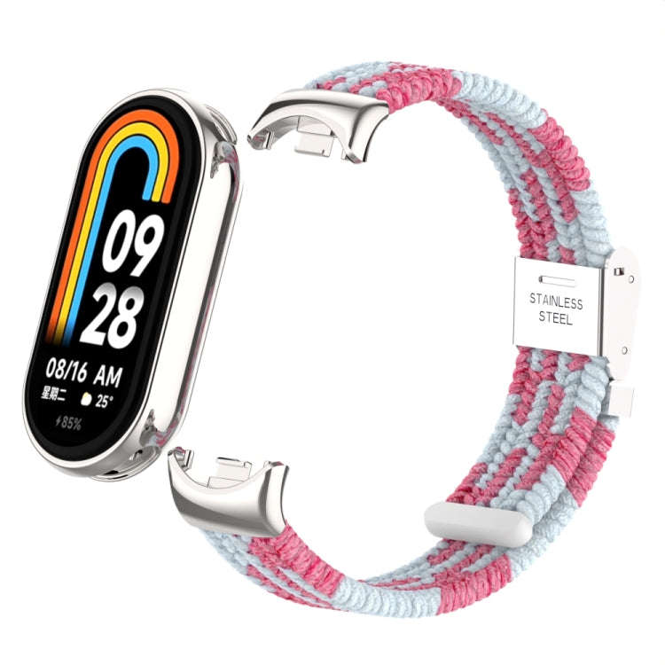 For Xiaomi Mi Band 8 / 8 NFC Metal Head + Nylon Braided Steel Buckle Watch Band(Pink White)