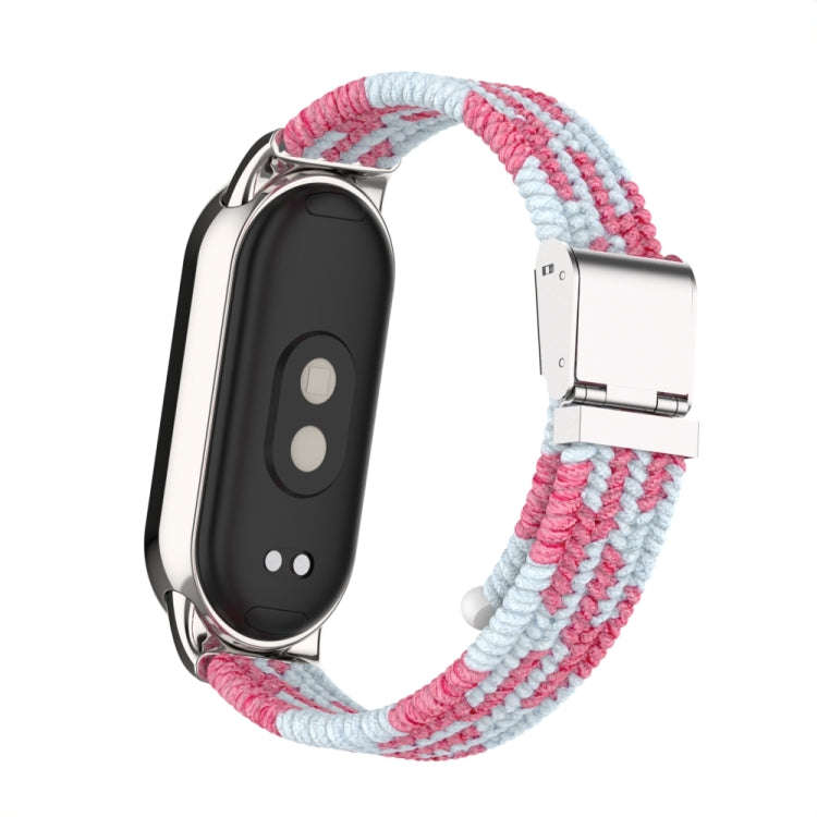 For Xiaomi Mi Band 8 / 8 NFC Metal Head + Nylon Braided Steel Buckle Watch Band(Pink White)
