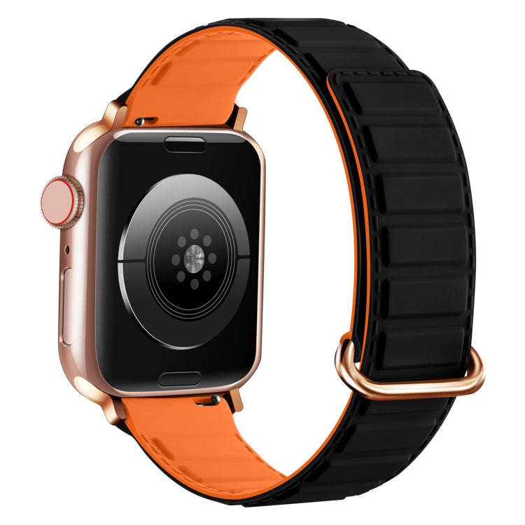 For Apple Watch Series 8 41mm Reverse Buckle Magnetic Silicone Watch Band(Rose Buckle Black Orange)