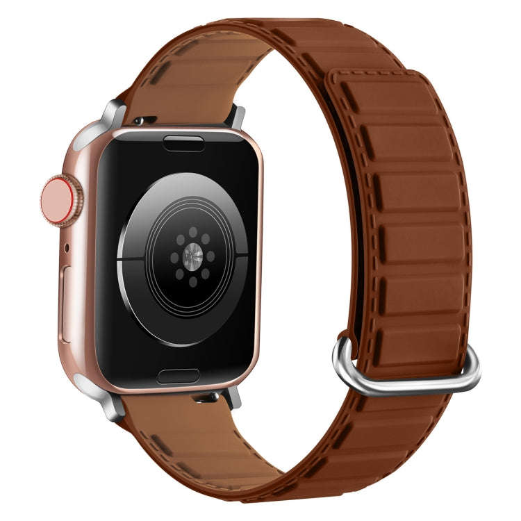 For Apple Watch SE 2022 40mm Reverse Buckle Magnetic Silicone Watch Band(Silver Buckle Brown)