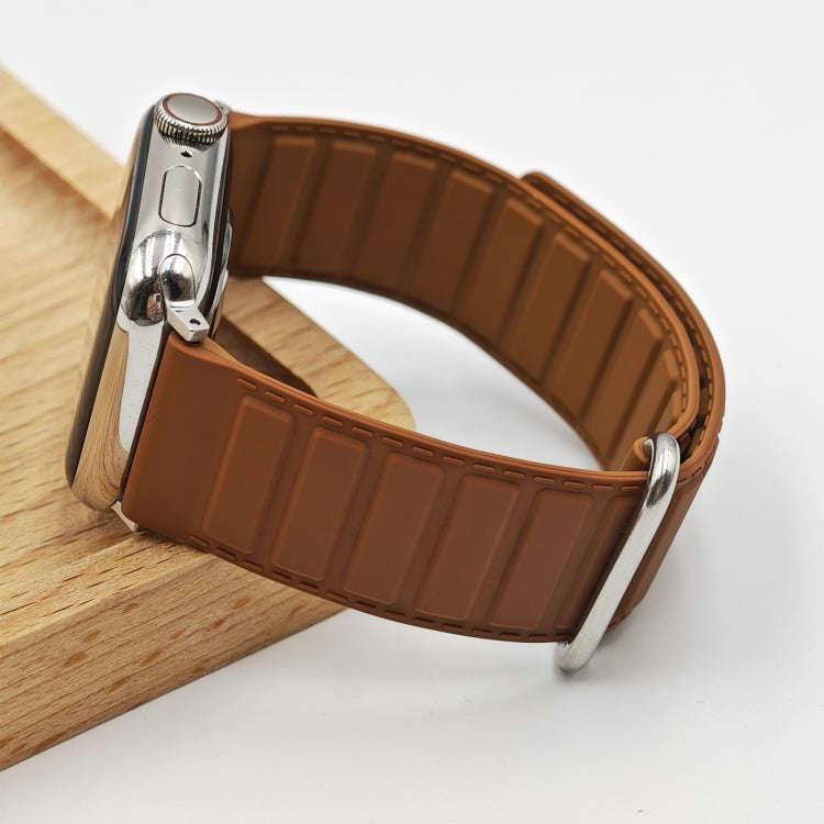 For Apple Watch SE 2022 40mm Reverse Buckle Magnetic Silicone Watch Band(Silver Buckle Brown)