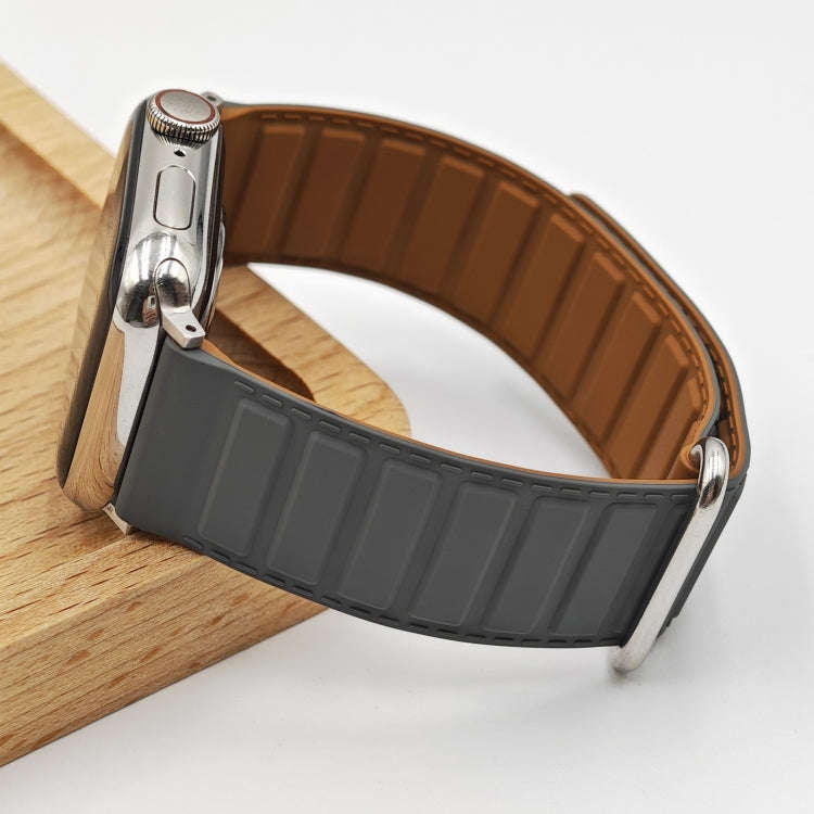 For Apple Watch SE 2022 40mm Reverse Buckle Magnetic Silicone Watch Band(Silver Buckle Grey Brown)