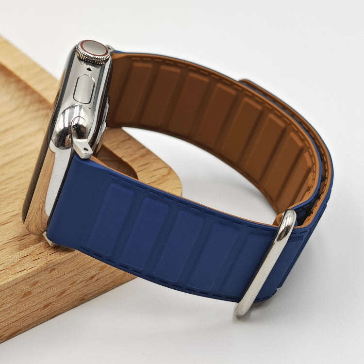 For Apple Watch SE 2022 40mm Reverse Buckle Magnetic Silicone Watch Band(Silver Buckle Blue)