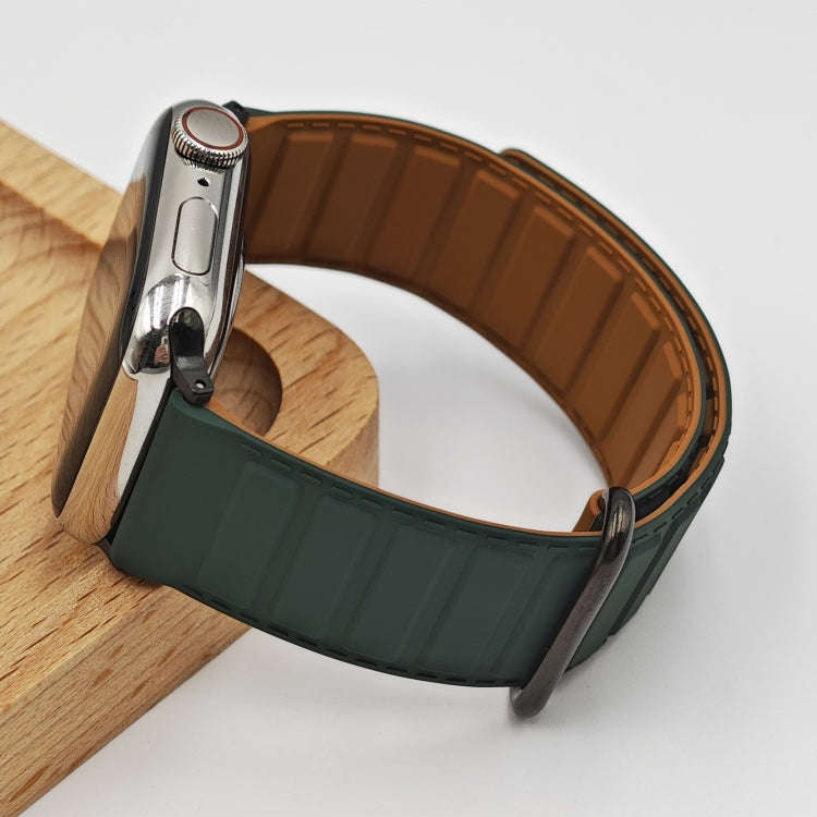For Apple Watch SE 2022 44mm Reverse Buckle Magnetic Silicone Watch Band(Black Buckle Green Brown)